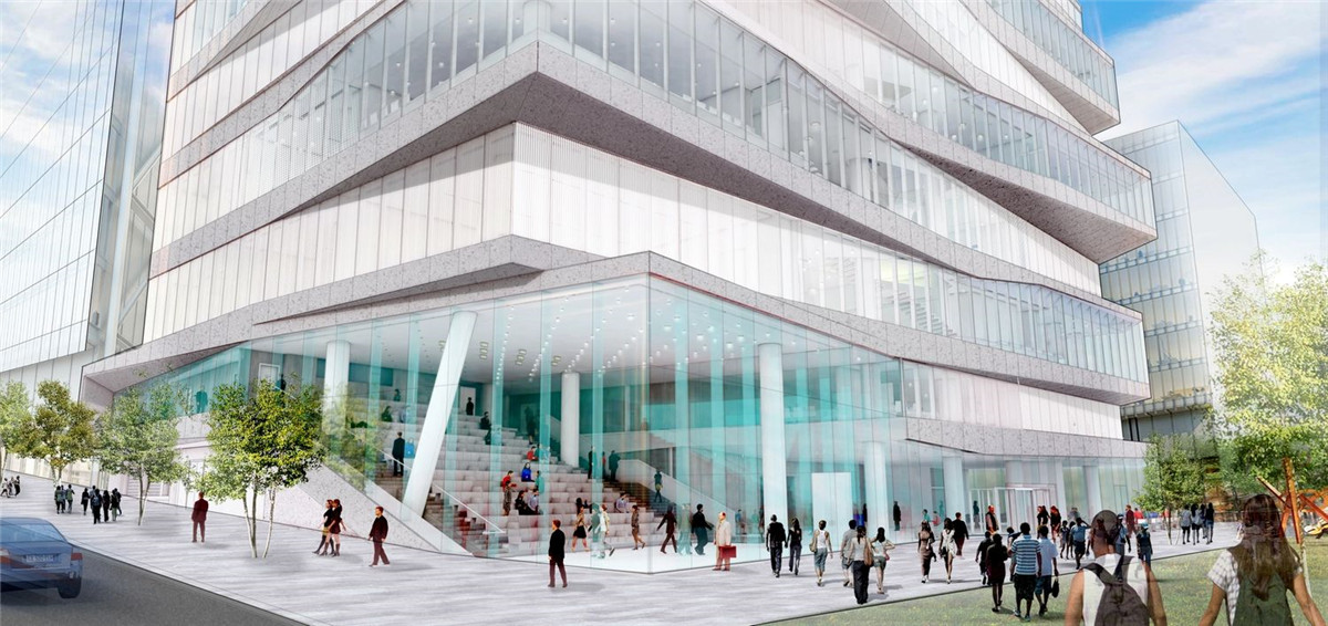 public spaces are established: in one building, a two-story