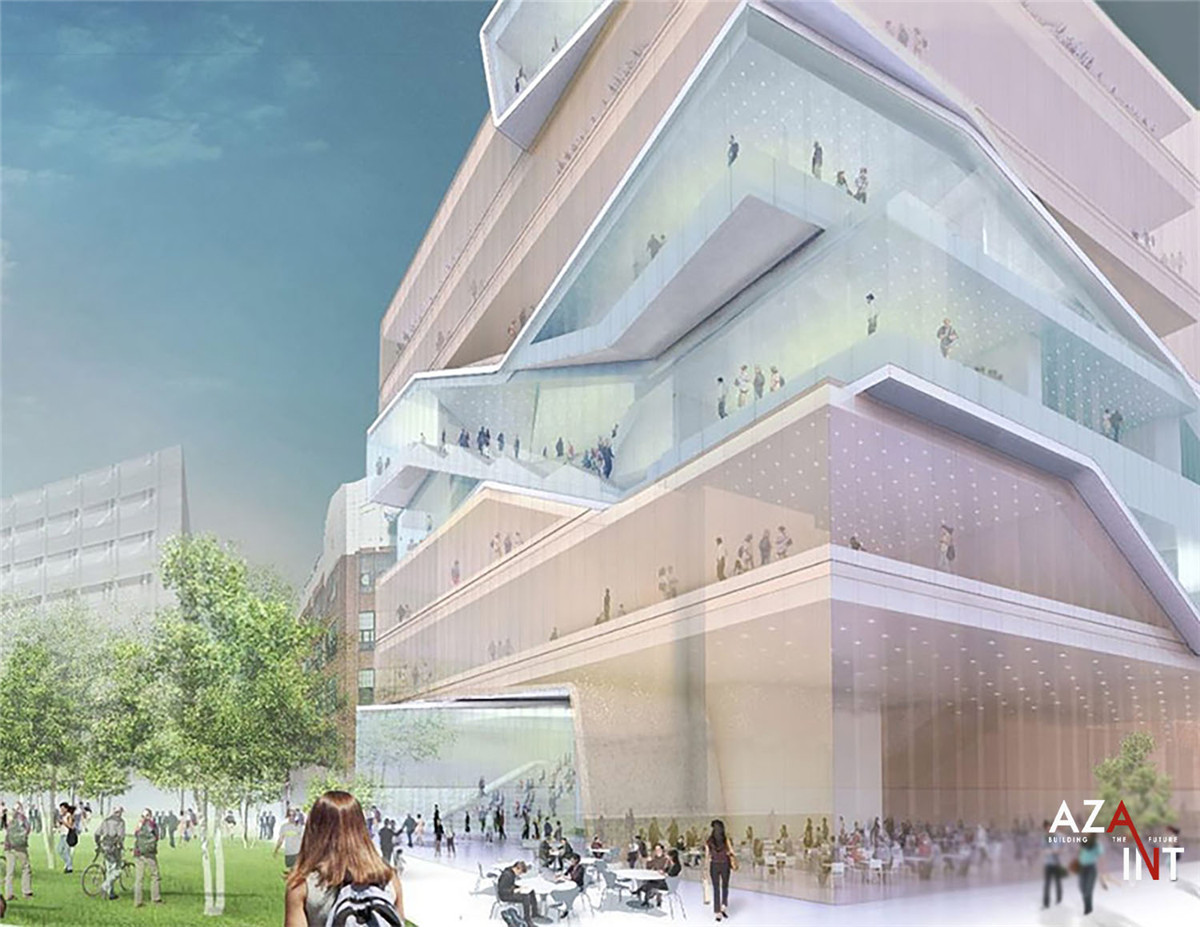 public spaces are established: in one building, a two-story