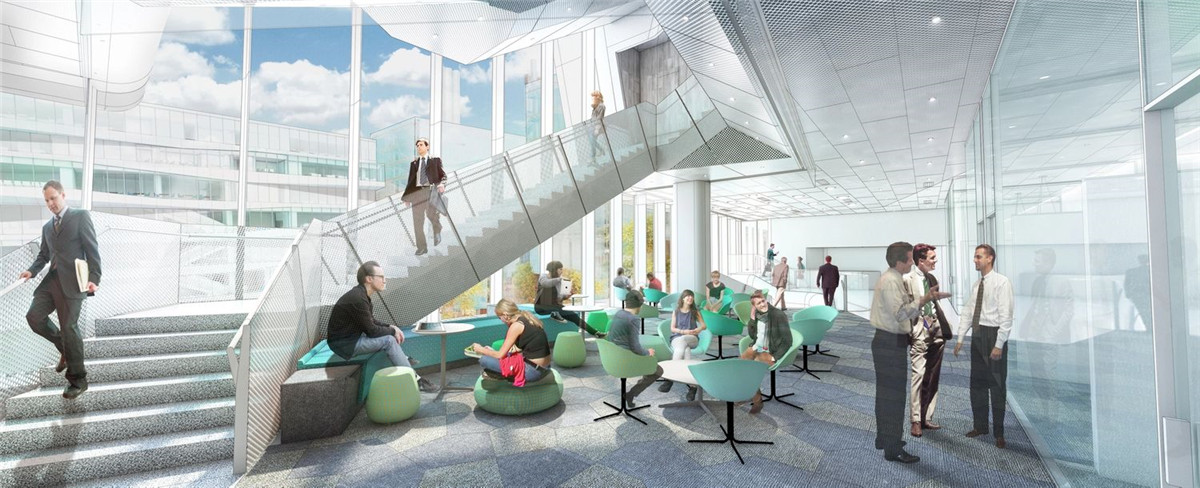 public spaces are established: in one building, a two-story