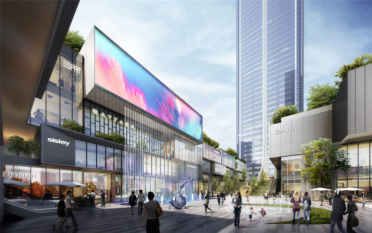 裙房商业在造型设计上,采用"外整内碎"的手法,应对紧邻的二环高架及